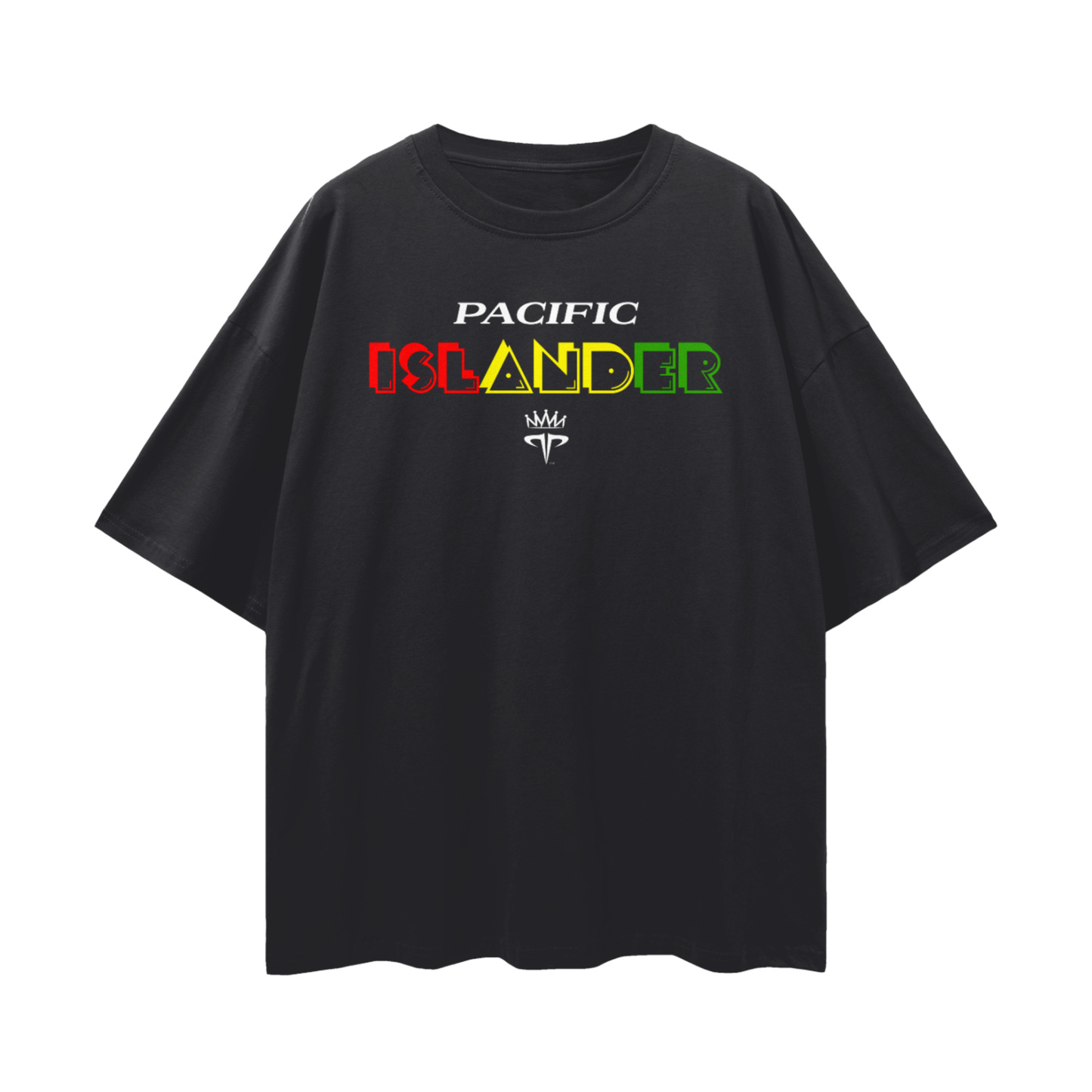 Black t-shirt with 'Pacific Islander' text in red, yellow, and green on a white background