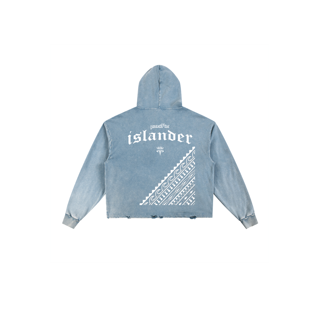 Pacific 1 Vintage Washed Blue Frayed-Hem Hoodie